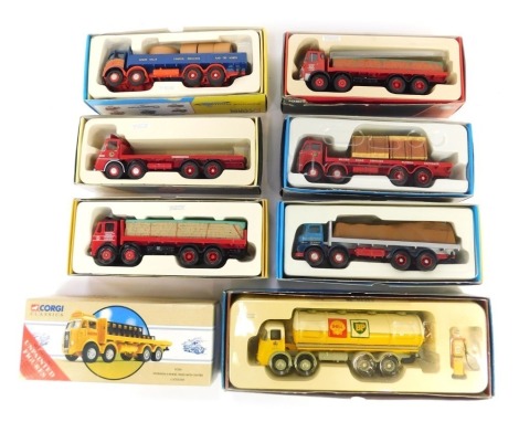 Corgi Classics diecast flat bed trucks, including 97334 Acton eight wheel rigid with crates Lucozade, 10102 Gwynne Bowen VRF V8 wheel drop side lorry with reels, 13901 Bassett Roadways Foden S21 Mickey Mouse eight wheel platform lorry and chassis, 26401 L