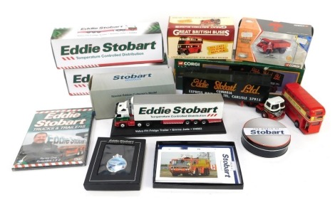 Corgi Classics Atlas Editions and other diecast, to include Eddie Stobart Foden S21 Mickey Mouse with trailer, Great British Buses London Transport RTW double decker, Volvo FH fridge trailer Emma Jade, etc., boxed and unboxed. (1 tray)