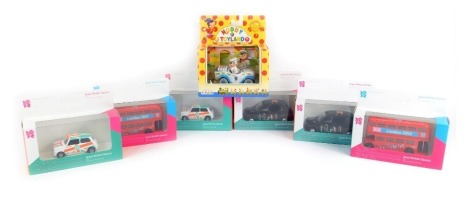 Corgi and Lledo diecast, including Corgi Great British Classics for the 2012 London Olympics, including taxi, bus, Mini, and Noddy in Toyland, Mr MIlko Milk Van, boxed. (7)