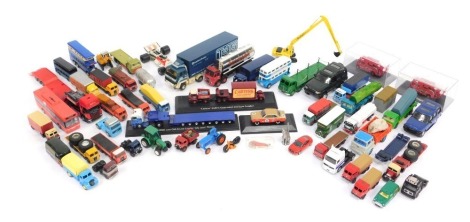 Corgi, Matchbox and other diecast, including Matchbox Superkings K13/20 DAF truck, Dinky Supertoys Foden flat bed truck, Dinky Panhard articulated lorry, AEC Regent fire engine, Scania R560 low cab and low loader Lilly Jean, etc. (3 trays)