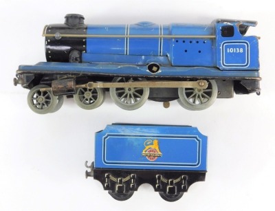 An O gauge clockwork train set, including 4-4-0 locomotive in BR blue, three crimson and cream Flying Scotsman coaches and track, and a Dinky Supertoys Blaw Knox bulldozer. (1 tray) - 2