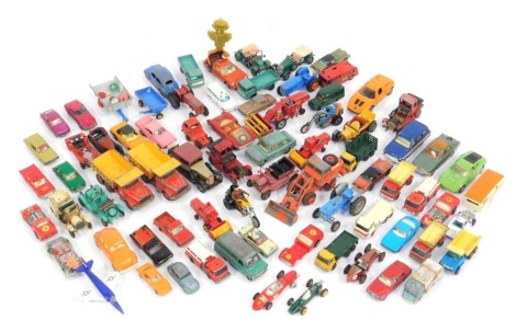 Matchbox, Dinky and other diecast vehicles, play worn, including Dinky Toys Volkswagen, Corgi Toys Whizzwheels Mercedes Benz C111, Corgi Toys Whizzwheels Ford GT70, Corgi Toys Rover 2000TC, Dinky Toys Hillman Imp, etc. (2 trays)