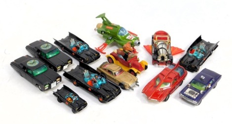 Corgi and Dinky diecast vehicles, play worn, including Corgi 267 Batmobile, The Green Hornet's Black Beauty, The Man from Uncle Oldmobile Super 88, Dinky Toys Spectrum patrol vehicle, Corgi Toys Chitty Chitty Bang Bang, Dinky Toys UFO Interceptor, Corgi C