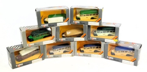 Corgi Classics Bedford OB coaches, including 97102 Skills, D949/18 Devon General, etc., boxed. (9)