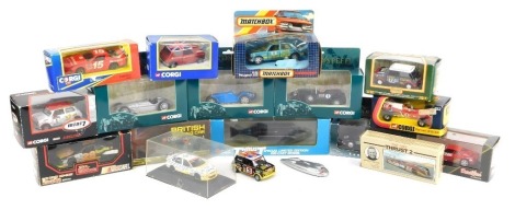 Corgi Matchbox and other diecast race cars, to include Lledo Thrust SSC Supersonic Car, Lledo 1947 Railton Mobil Special, Corgi Ferrari F355 Racing, Corgi Ferrari 312 B2, CC82249 Mini 7 Racing Club Paul Thompson 2005 Championship Winning Car, Lledo Vangua