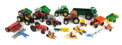 Britains Lonestar and other diecast farming implements and machinery, to include 6180 Massey Ferguson Dynashift, Lonestar Dumper Truck, Sampson Flex 16 Trailer, Flail Mower, Massey Ferguson Multi Purpose Seed Drill, etc. (1 tray)