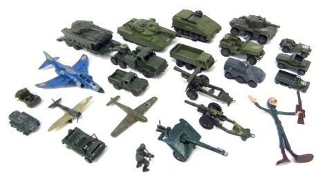 Dinky and other diecast military vehicles, including Dinky Chieftain Tank, Dinky Alvis Striker, Dinky Supertoys Tank Transporter, Thorneycroft Mighty Antar, Centurion Tank, Dinky Toys Phantom 2F4K, Dinky Toys US Jeep, etc. (1 tray)