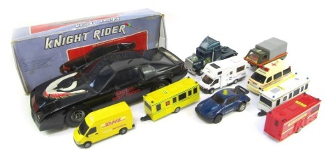 A boxed battery operated Knight Rider, with bump and go action, Tonka friction Porsche, friction ambulance, and other friction vehicles. (a quantity)