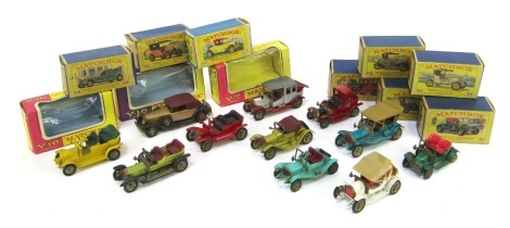 Matchbox Models of Yesterday diecast, including Y14 1911 Maxwell Roadster, UY6 1913 Cadillac, Matchbox Y1 1911 Model T Ford, New Y12 Model 1909 Thomas Flyabout, 1904 Spiker, etc. (1 tray)