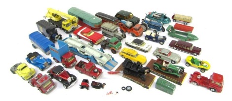 Corgi Majorette and other diecast, play worn, including a Dinky Toys Coal Hydra truck, Corgi Major Carrimore car transporter, Corgi Major Chipperfield Circus articulated horse box, James Bond Aston Bond DB5, Chevrolet Impala, etc. (2 trays)