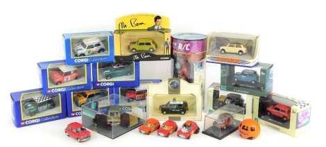 Corgi, Matchbox and other diecast, including Corgi Mini British Racing Green, Mini Monte Carlo, Car Armour Mini Cooper, Dinky by Matchbox 1964 Mini Cooper S, Corgi 61211 Mr Bean's Mini, etc. (1 tray)