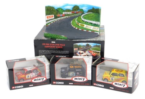 Corgi Mini 7 Racing Club diecast Minis, including a 1999 Mini 7 and Mini Miglia Championship Winners diorama, CC822221 Mini 7 Racing Club Mini Miglia Dave Kimberly, CC82214 Mini 7 Racing Club Mini Miglia Ian Gunn, and CC82202 Mini 7 Racing Club Mini Migli