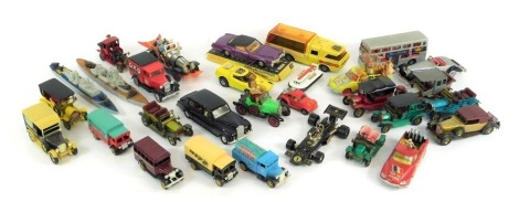 Corgi, Matchbox and other playworn diecast, including Corgi Toys Chitty Chitty Bang Bang, Dinky Toys Cadillac El Dorado, Matchbox Superkings K7 racing car transporter, Matcbo Superkings Londoner K15 Silver Jubilee bus, Corgi Toys Whizzwheels John Player S