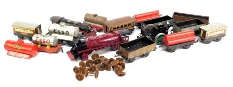 Hornby and other tinplate O gauge, including a Hornby 0-4-0 locomotive clockwork chassis, BP tanker, seven plank wagon, Pullman coaches, etc. (a quantity)