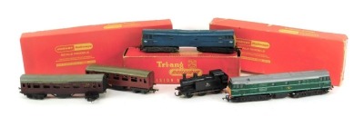 Tri-ang and Hornby OO gauge locomotives, comprising R357 BR A1A diesel electric locomotive, R357 A1A-A1iA diesel electric loco, BR blue livery, a O-6-O tank locomotive 47606, and two maroon coaches. (5)