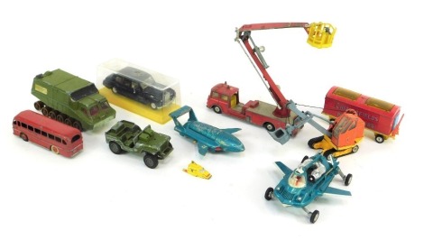 Dinky and Corgi diecast vehicles, play worn, including Dinky Toys Shado 2, Dinky Toys Leyland Royal Tiger coach, Dinky Toys Joes Car, Dinky Toys Thunderbird 2, and Thunderbird 4, Corgi Major Priestman digger, etc. (1 tray)