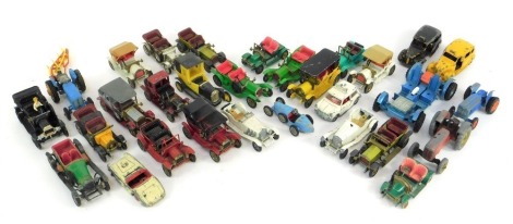 Dinky and Matchbox diecast vehicles, play worn, including Dinky Toys Austin Taxi, Matchbox Models of Yesteryear 1907 Peugeot, Corgi Classics Ford 1950 model T, Dinky Toys Luna Roving vehicle, etc. (1 tray)