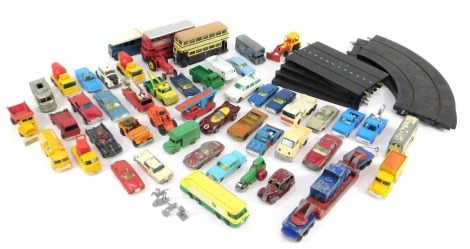 Husky Matchbox and other diecast, play worn, including Corgi Junior Batmobile, EFE Daimler utility bus, Husky ERF cement mixer, Matchbox Series No 34 Volkswagen camper, Hot Wheels 57 T Bird, etc. (2 trays)