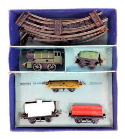 A Hornby O gauge No 601 clockwork Goods Set, including locomotive, rolling stock and track, boxed.