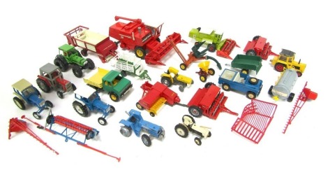 Britains diecast farm vehicles, including a 1978 Massey Ferguson combine harvester, a 595 Massey Ferguson tractor, Mercedes Unimog, farming implements, etc. (2 trays)