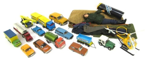 Corgi Dinky and other diecast, play worn, including Burago Range Rover, Dinky Volvo 265 DL estate car, Dinky Princess 2200 HL, Dinky Johnstons road sweeper, and an Action Man and accessories, etc. (1 tray and loose)