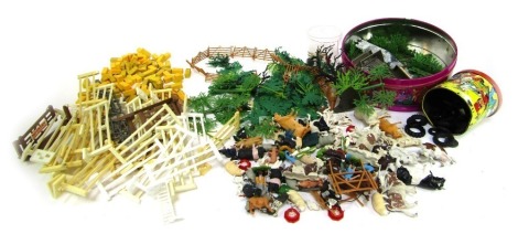 Britains animals and scenery items, including horse jumps, hay bales, five bar gates, hedgerow pieces, dry stone wall pieces, etc. (2 trays)