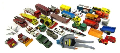 Corgi, Matchbox and other diecast vehicles, play worn, including Dinky Supertoys horsebox, Dinky Supertoys car carrier, Matchbox King Size No K2 Scammell heavy wreck truck, Corgi Motorway Ambulance, Dinky Supertoys fire engine, etc. (1 tray)