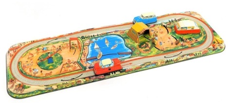 A Technofix tinplate clockwork holiday camp, boxed.