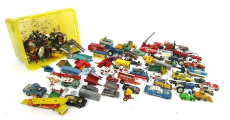 Britains Dinky and other diecast vehicles, play worn, including a Dinky Toys Merryweather Marquis fire tender, Corgi Ford Grand Torino Starksy and Hutch, Corgi Ford Escort 1.3GL, Matchbox Super Kings K9 fire tender, etc. (1 box)