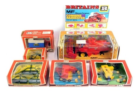 Britain's diecast and plastic 1:32 scale farm vehicles and implements, including 9570 Massey Ferguson combine harvester, 9563 hay baler, 9566 high sided tipper car, etc. (a quantity)