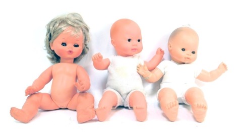 Three celluloid plastic dolls, comprising a Famosa vintage material bodied doll, a Furga Italian 1970s bring and wet doll and a Sebino 1970s brown eyed doll. (3)