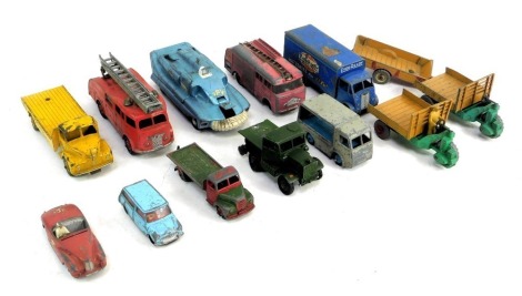 A group of diecast playworn vehicles, Dinky and others, to Leyland, Comet, fire engine, fire engine, electronic van and others. (1 tray)