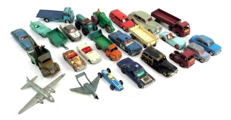 A group of diecast playworn vehicles, to include mainly cars, a Aveling Barford roller, etc. (1 tray)