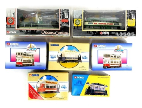 Various diecast models, to include Corgi Classic Blackpool single deck tram, 36901, Blackpool Festival 94 tram, single deck tram Ashton Under Lyme, Blackpool tram 97273 and a double deck open top tram Blackpool boxed, and two original Omnibus trams, boxed