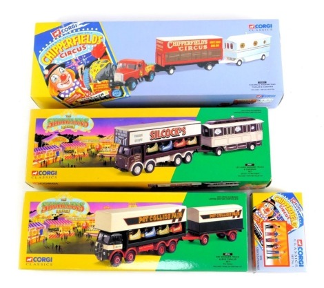 Four Corgi Classics Chipperfield Circus box sets, comprising the Six Circus Figures Set no.1, The ERF Dodgem Truck and Box Trailer Set no. 09901, The Leyland Dodgem Truck and Caravan Set no. 2481 and Scammell Highwayman Trailer and Caravan Set no. 97885, 