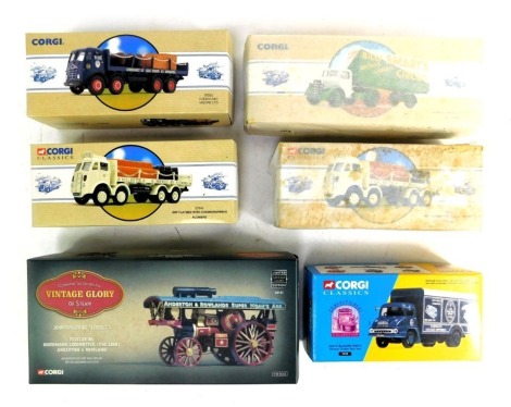 Six Corgi models, comprising a Corgi Classics ERF flat bed with chains and barrels, a vintage Glorious Steam B, ERF flat bed with chains, barrels, flowers, Bedford articulated truck, Foxes Glacier Mints trailer box van, and Foden G & C Moore Ltd, boxed. 