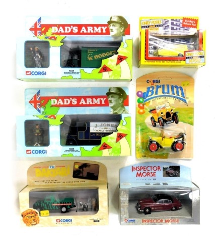 Diecast cars, comprising two Dad's Army, Only Fools and Horses, Inspector Morse, Daktari and Brum, each in box or blister pack. (6)