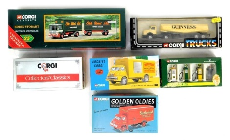 Diecast vehicles and accessories, comprising Corgi Classic Eddie Stobart AEC trunk and trailer, Corgi Toys Guinness truck, The Archive Corgi Thames Trader box van Lucozade, Corgi Precision diecast scale Thames trailer Clumberland, Corgi BP pump and a Cor