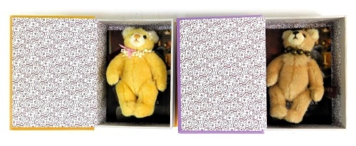 Two plush Hug a Book Collection Charlie Bear Teddy bears, to include The Pawsome Facts Directory, and The Guide to being Bear-illiant, in purple and yellow cases.