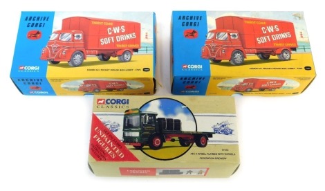 Three Corgi Classics vehicles, comprising AEC four wheel flat bed truck Federation Brewery 97370, two Archive Corgi Foden S21 Mickey Mouse box lorries CWS 13602, boxed. (3)