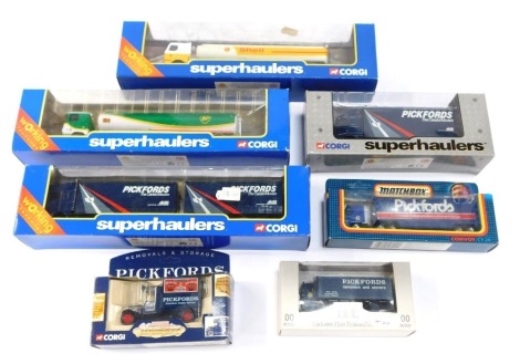 Corgi Super Haulers and Matchbox vehicles, comprising Matchbox Pickfords DAF coffer wagon, Super Haulers ERF four wheel rigid lorry Pickfords, a Corgi Pickfords van, EFE Pickfords Removal and Storers, Super Haulers DAF 95 Pickfords truck, and two other Su