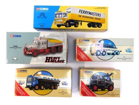 Corgi Classics, comprising Atkinson eight wheel rigid with crates, Scammell Highwayman cran, AEC elliptical tanker, Ferry Masters AEC box trailer set, and Heavy Haulage Scammell contractor, boxed. (5)