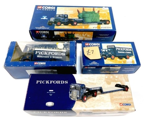 Corgi Classics Pickfords trucks, comprising a Pickfords Bedford TK box van, an ERF V low loader, Thames Trader box van, and a Scammell Highwayman low loader, with Qualcast transformer, boxed. (4)