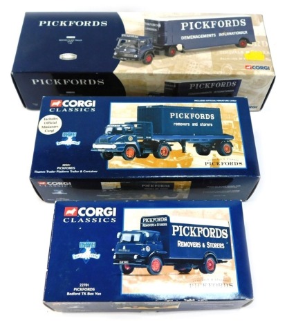 Three Corgi Classics Pickfords vans, comprising a Bedford TK box van, Thames Trader platform trailer and container, and a Bedford TK box trailer, boxed. (3)