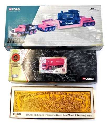 Corgi vehicles, comprising a Corgi Heavy Haulage Annis and Co Limited Diamond T ballast with girder trailer locomotive load, a British Road Services scale model, and a Transport of the Eighties presentation pack, boxed. (3)