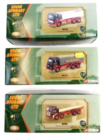 Three Corgi Eddie Stobart trucks, comprising Albion Lad six wheel platform lorry and sheeted load, 23602, AEC MKV eight wheel platform lorry, 26404, an AEC ergonomic six wheel tipper, 21601, boxed. (3)