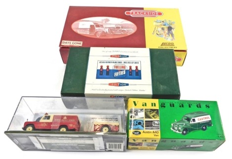 Corgi, Lledo and Vanguard diecast vehicles, comprising Corgi Fueling Fifties presentation pack, Vanguards Castrol Austin A40 van, a Land Rover series 1 and trailer Rover Mobile School Service, and The Trackside Lledo Collectables Bygone Days of Road Trans