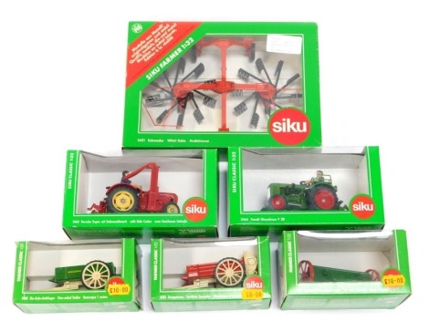 A group of Siku diecast models, comprising 3485 trailer, 2451 Whirl Rake, 3487 Rotman Spreader, 3486 fertiliser spreader, 3464 Fendt diesel Ross F28, and 3468 Porche Super with side cutter, boxed. (6)