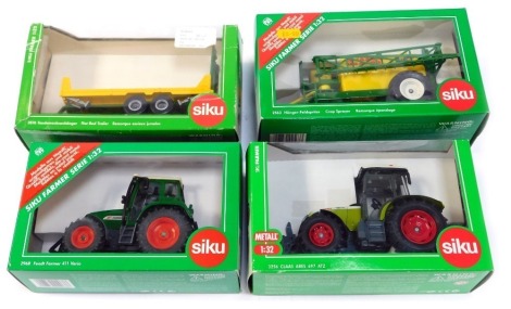 Various Siku models, comprising 2876 flat bed trailer, 3256 Claas ARES 697 ATZ, 2563 crop sprayer, 2968 Fendt Farmer 411, boxed. (4)