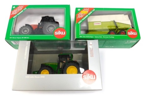 Three Siku farm vehicle models, comprising 3251 Massey Ferguson MF8280 Ultra, 2866 Claas Mulden Kipper tipping trailer, and a 1-32 scale 4455 John Deere 6920 tractor, boxed. (3)